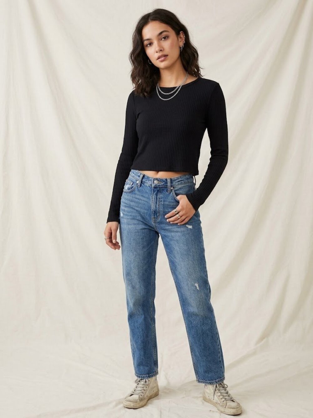 Reformation Jeans Women's Black Long Sleeve Fitted Cropped Top L Goth Grunge